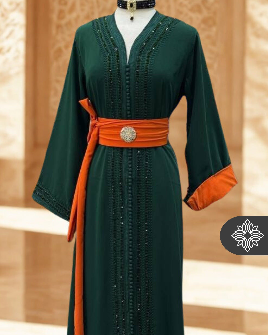 Moroccan Royal Green Kaftan with Orange Belt