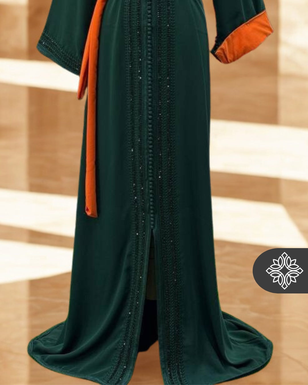 Moroccan Royal Green Kaftan with Orange Belt