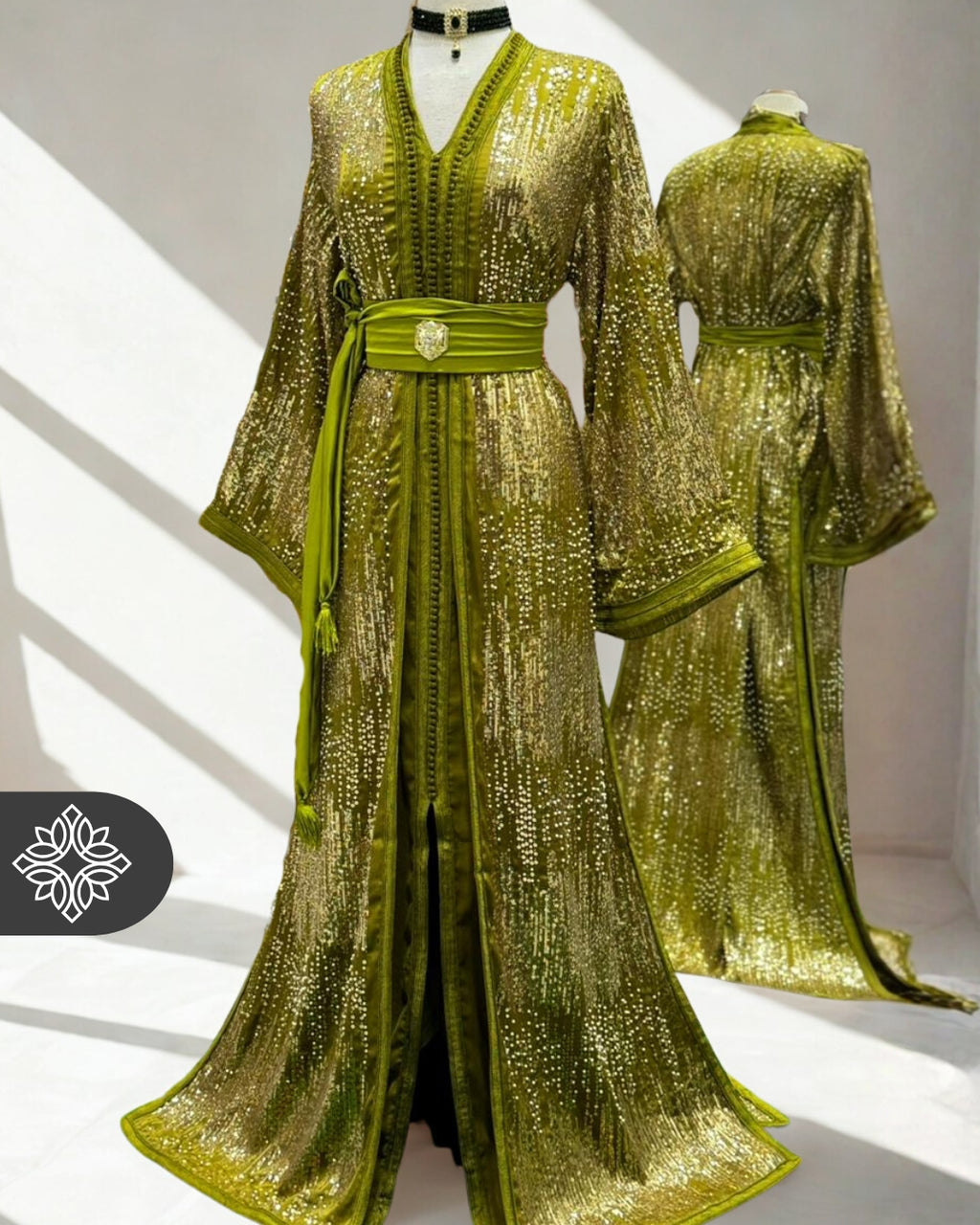 Green Lime Moroccan Two-Piece Kaftan | Gold Sequin Embroidery