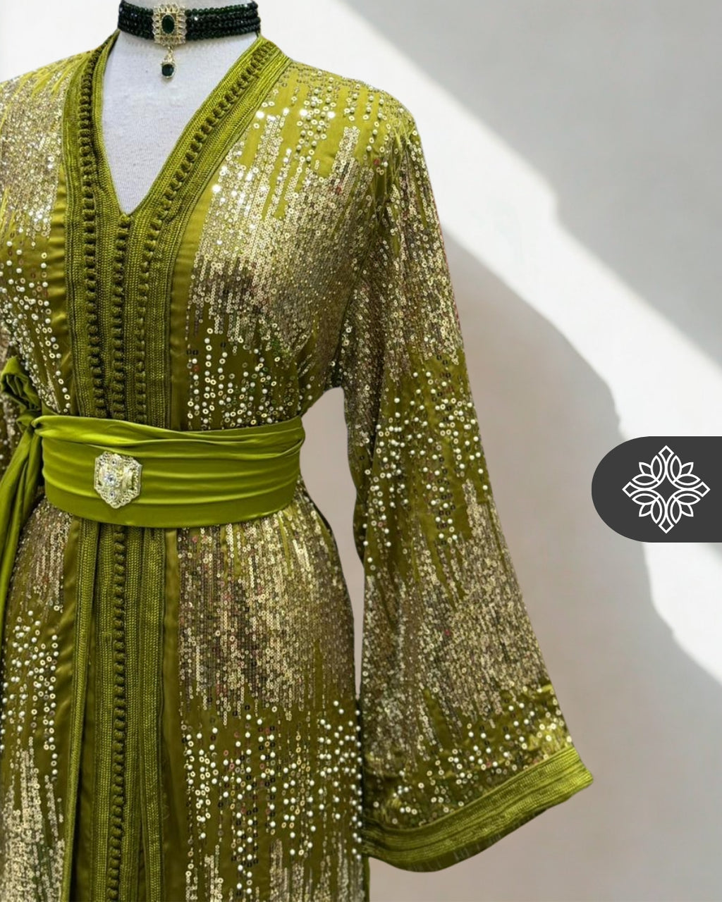 Emerald Teal Moroccan Two-Piece Kaftan | Gold Sequin Embroidery