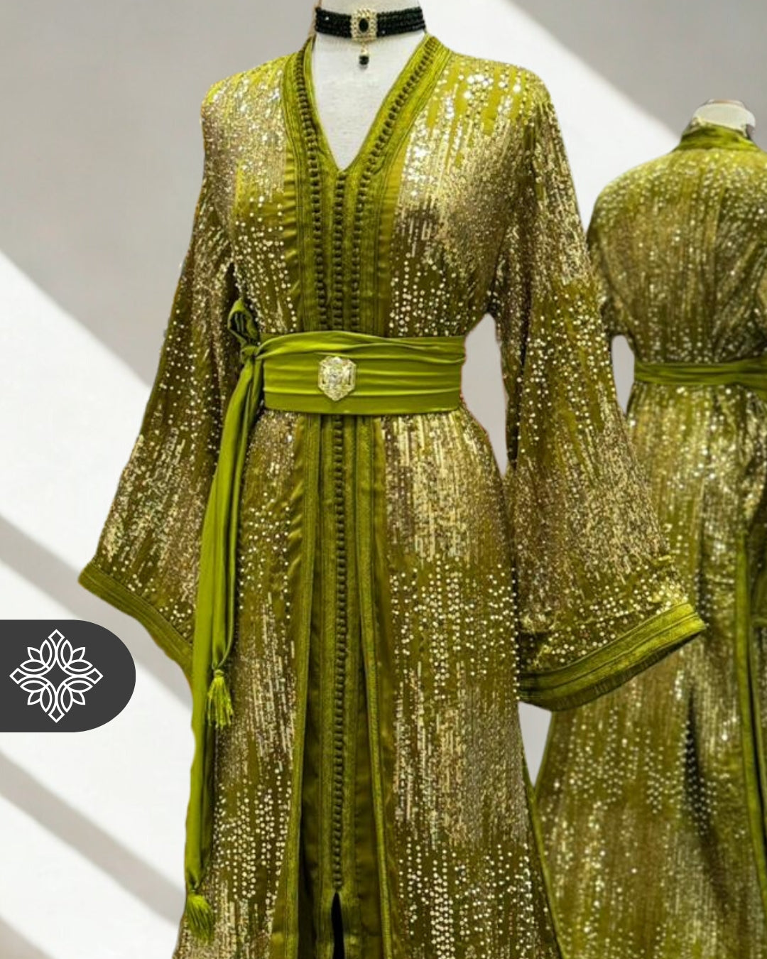 Emerald Teal Moroccan Two-Piece Kaftan | Gold Sequin Embroidery