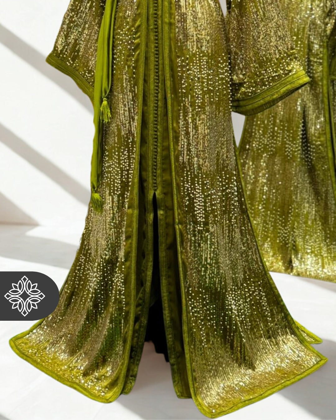 Green Lime Moroccan Two-Piece Kaftan | Gold Sequin Embroidery