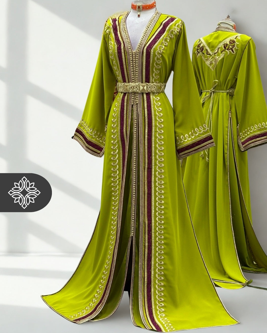 Royal Green & Red Two Piece Kaftan Takchita with Gold Embroidery