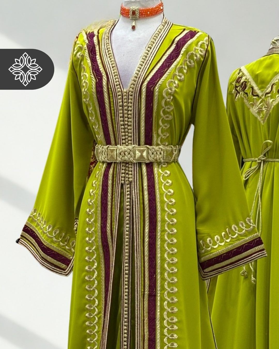 Brown Two Piece Moroccan Kaftan, Takshita with Sky Blue Stitching and Gold Embroidery