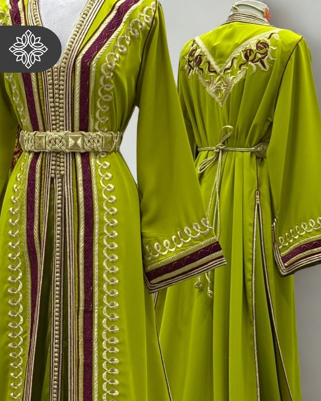 Green Lime Two Piece Kaftan Takchita with Gold Embroidery