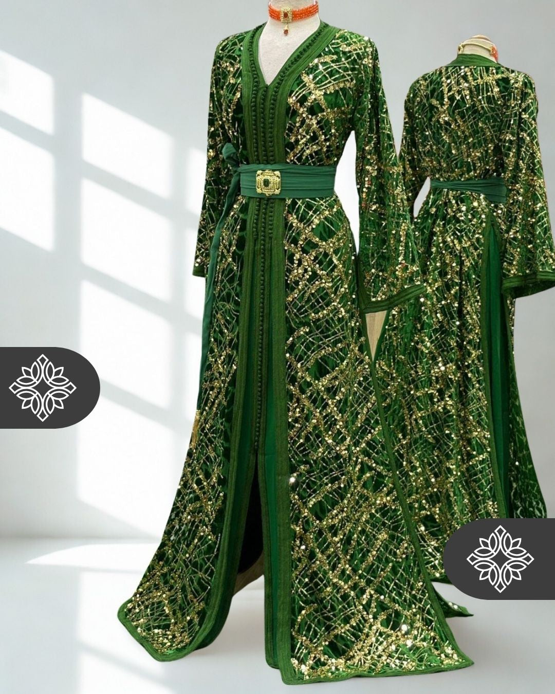 Caftan vert deux pièces | Broderie dorée à carreaux | Takchita marocain