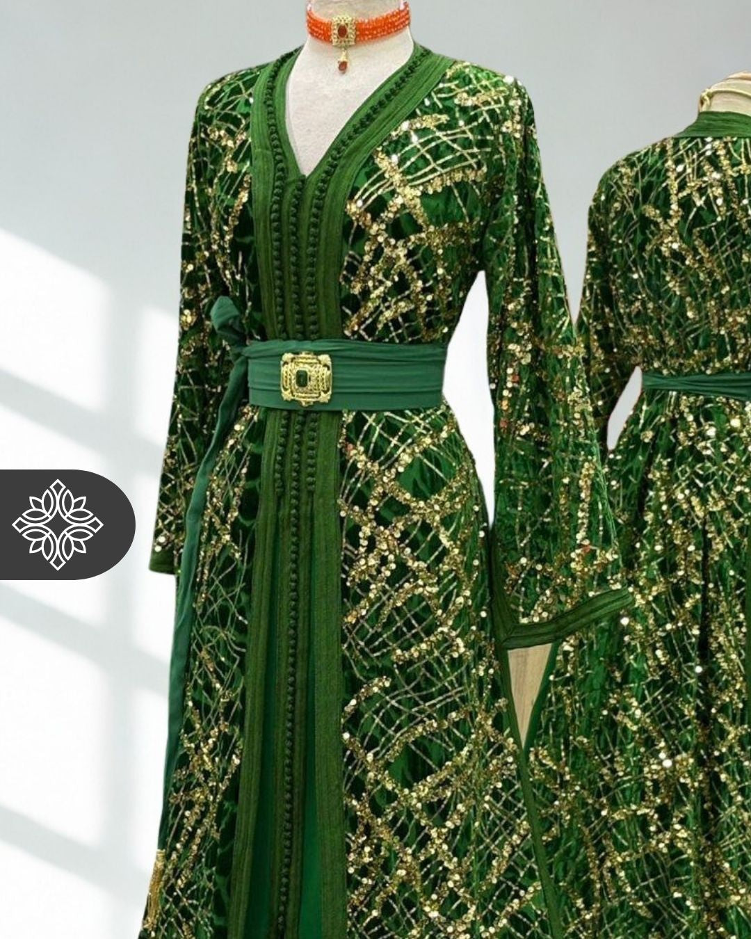 White Two-Piece Kaftan | Gold Lattice Embroidery | Moroccan Takchita