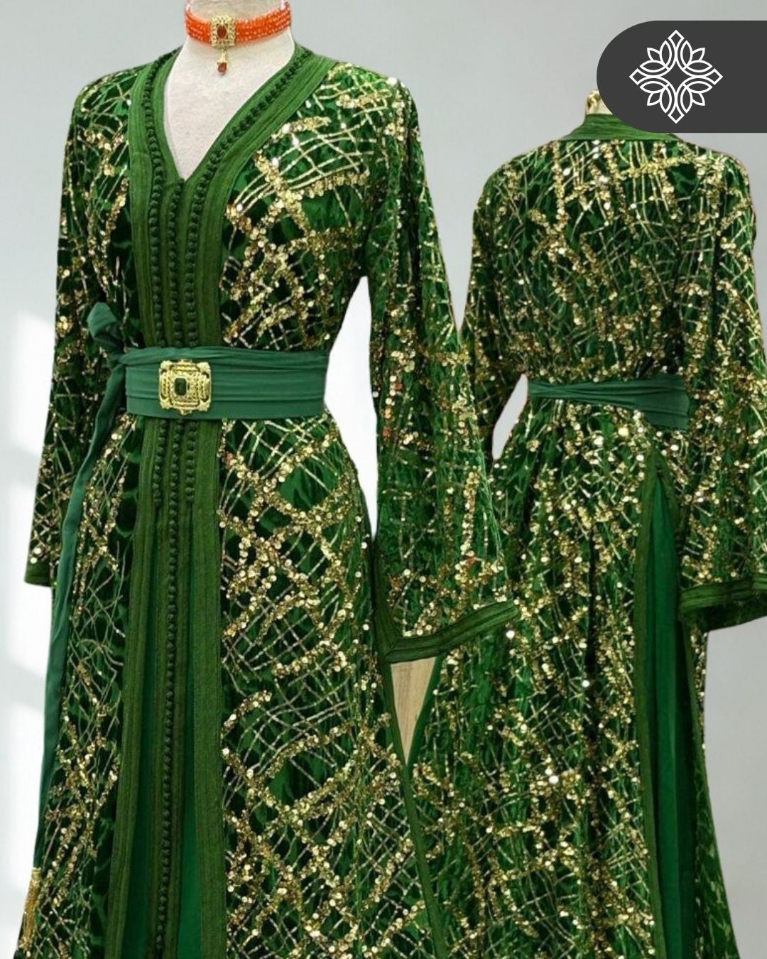 White Two-Piece Kaftan | Gold Lattice Embroidery | Moroccan Takchita