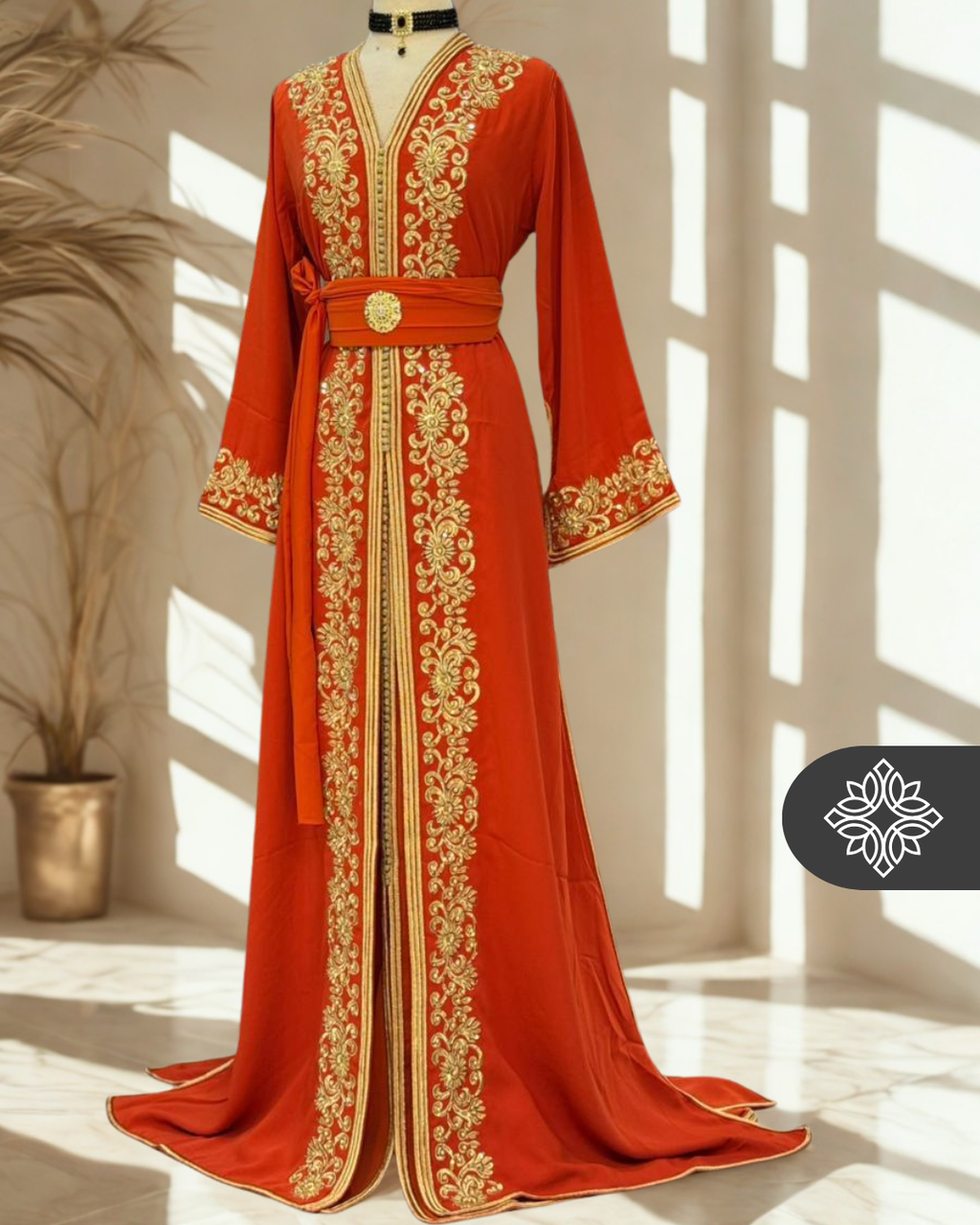 Handcrafted Moroccan Kaftan — Orange Spiced Terracotta with Golden Sfifa | Eid & Gala Caftan