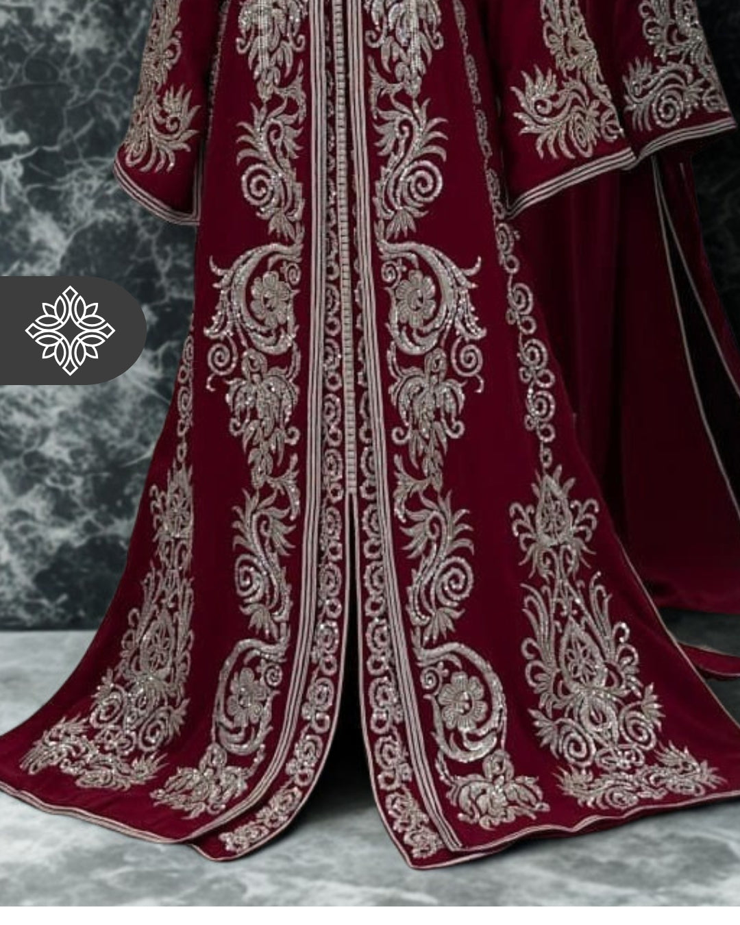 Imperial Burgundy Moroccan Takchita | Luxury Two-Piece Kaftan | Silver Floral Hand Embroidery