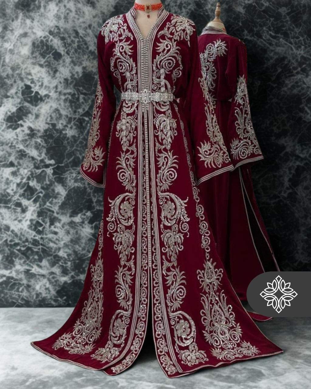 Imperial Burgundy Moroccan Takchita | Luxury Two-Piece Kaftan | Silver Floral Hand Embroidery