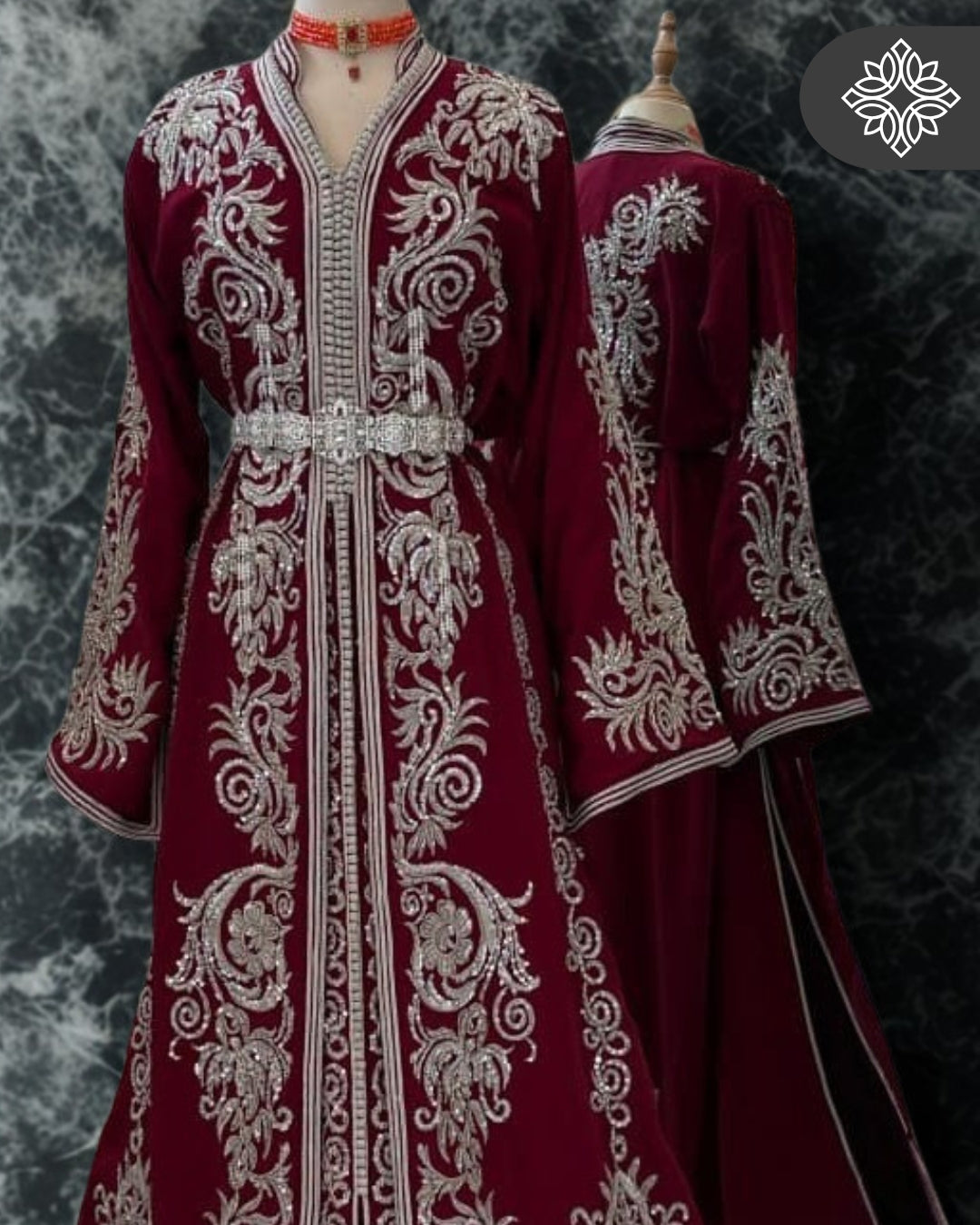 Imperial Burgundy Moroccan Takchita | Luxury Two-Piece Kaftan | Silver Floral Hand Embroidery