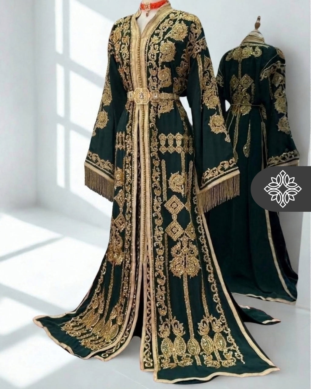 Imperial Deep Emerald Green Moroccan Takchita | Luxury Two-Piece Kaftan | Golden Embroidery