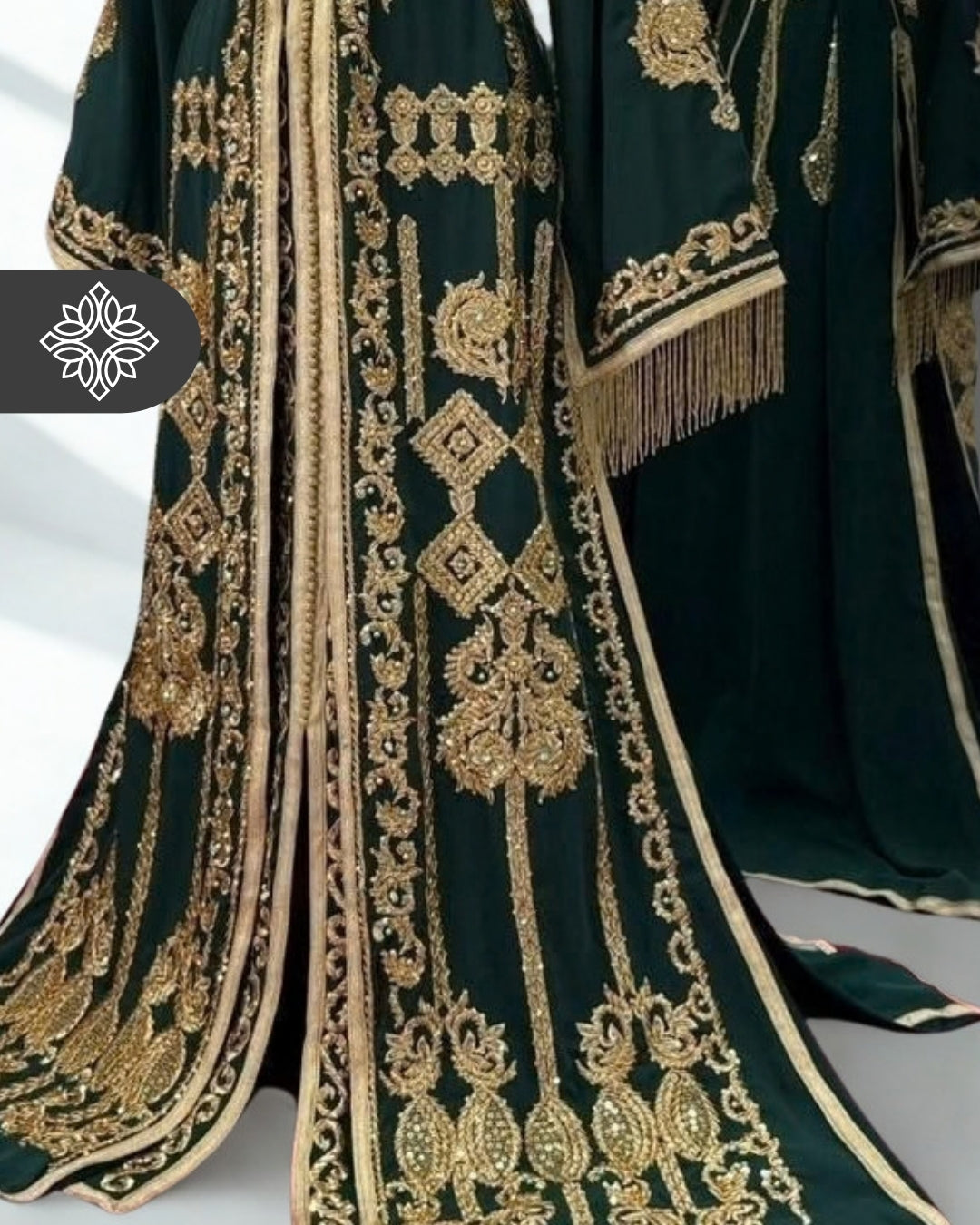 Imperial Deep Emerald Green Moroccan Takchita | Luxury Two-Piece Kaftan | Golden Embroidery