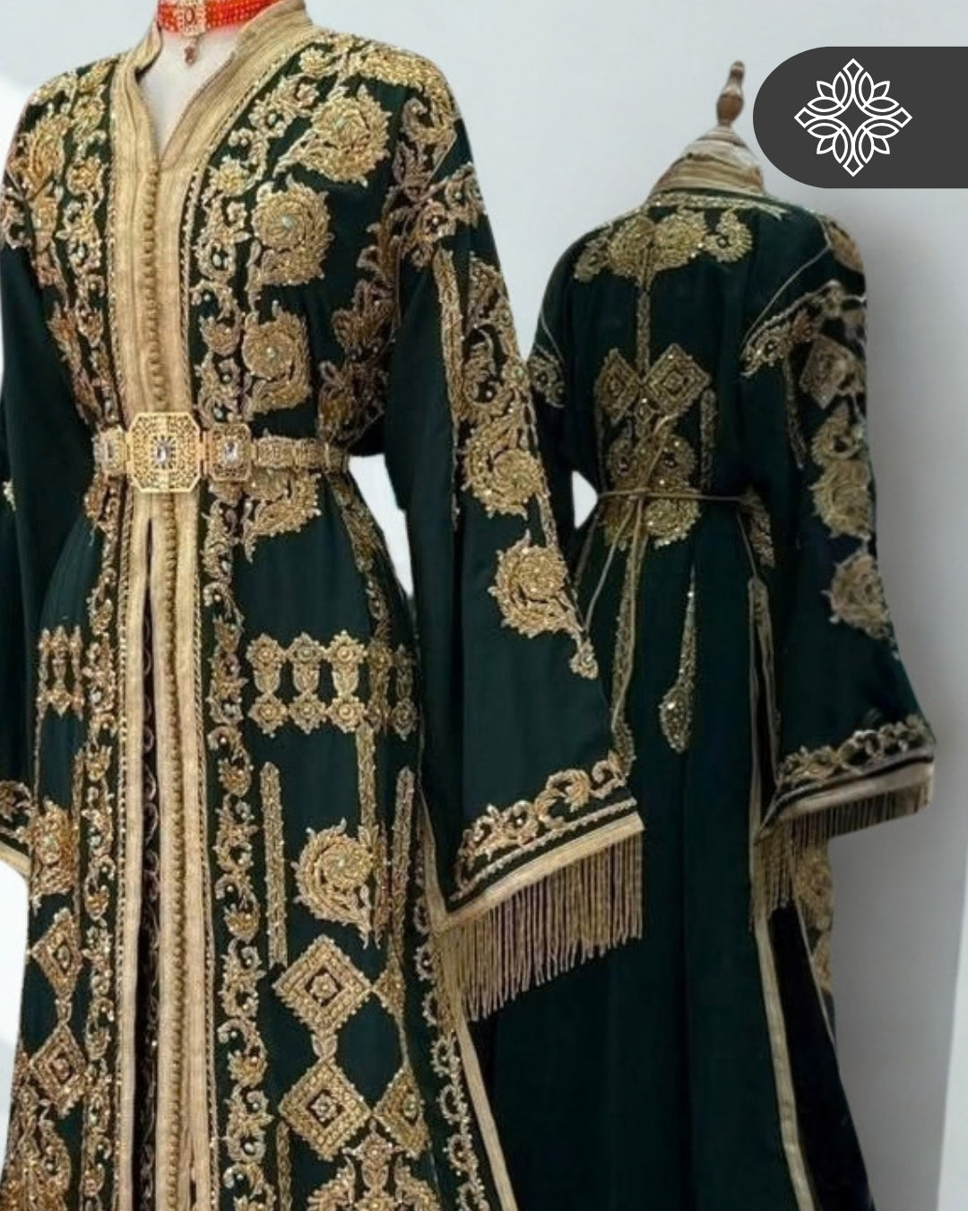 Imperial Deep Emerald Green Moroccan Takchita | Luxury Two-Piece Kaftan | Golden Embroidery
