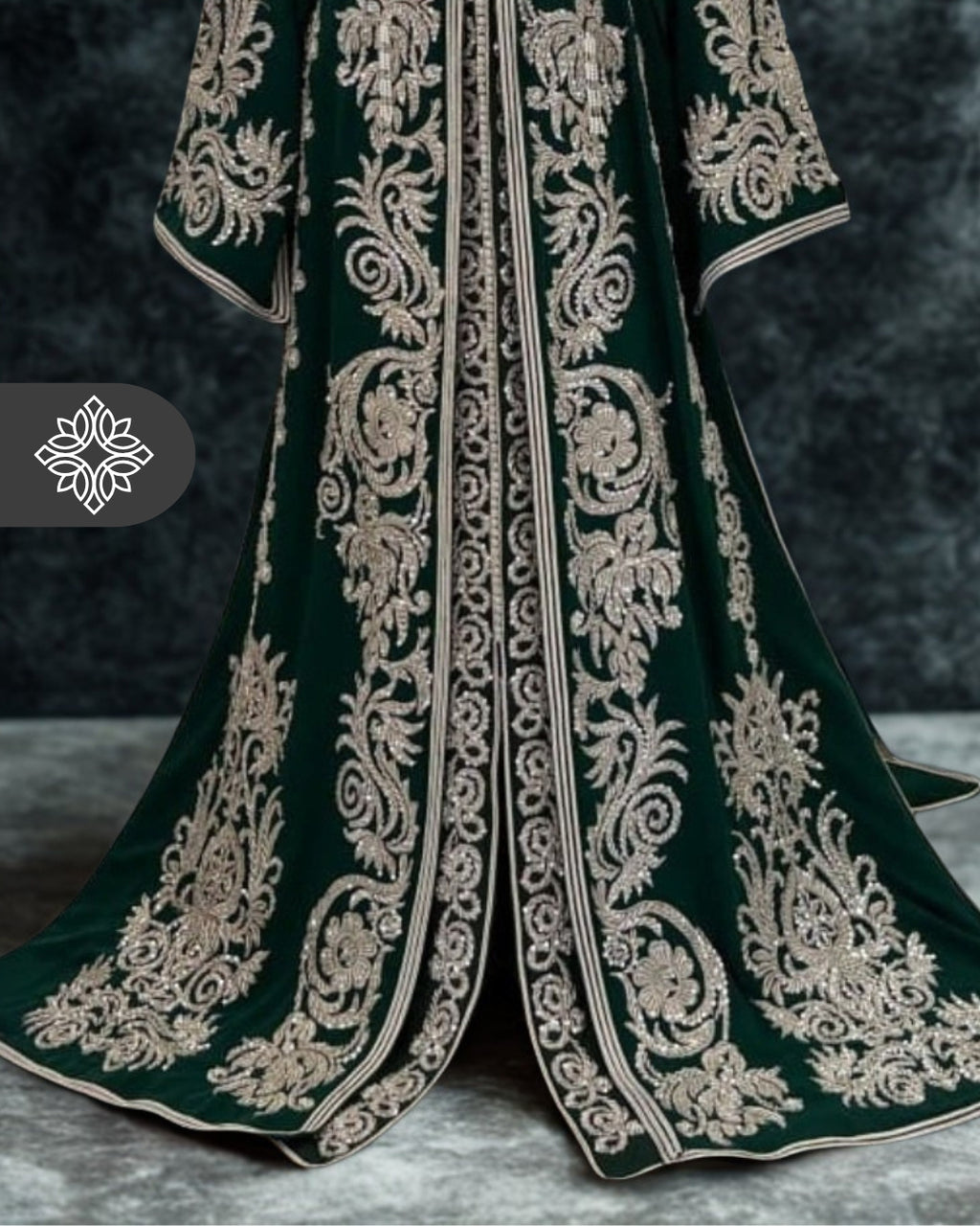 Imperial Deep Emerald Green Moroccan Takchita | Luxury Two-Piece Kaftan | Silver Royal Hand Embroidery