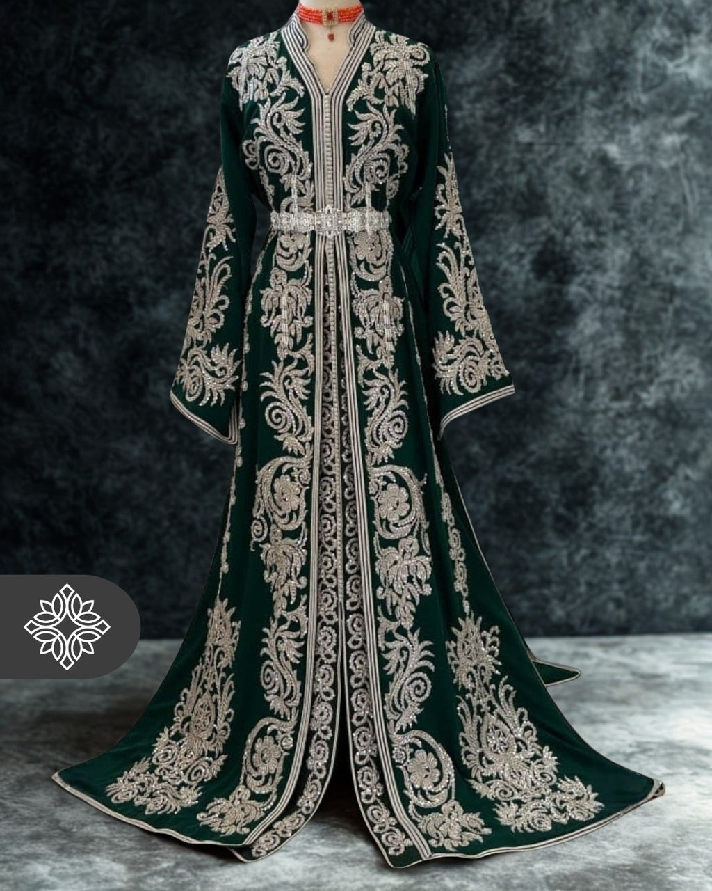 Imperial Deep Emerald Green Moroccan Takchita | Luxury Two-Piece Kaftan | Silver Royal Hand Embroidery