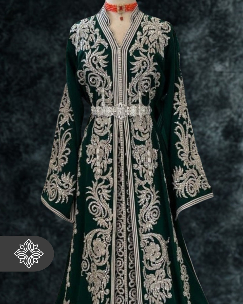 Imperial Deep Emerald Green Moroccan Takchita | Luxury Two-Piece Kaftan | Silver Royal Hand Embroidery