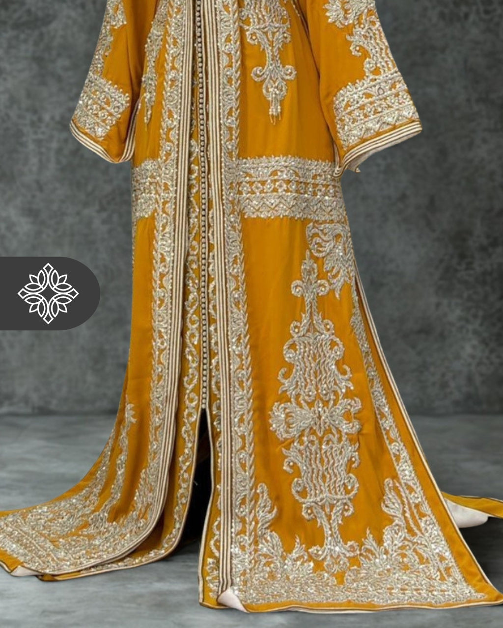 Imperial Yellow Moroccan Takchita | Luxury Two-Piece Kaftan | Silver Royal Hand Embroidery