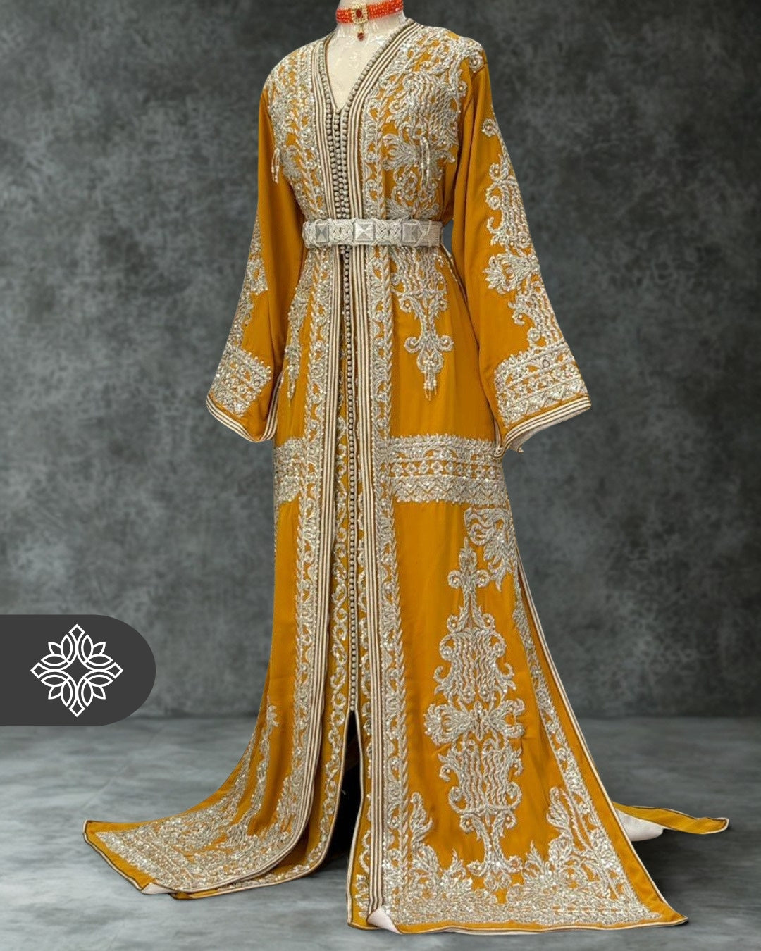 Imperial Yellow Moroccan Takchita | Luxury Two-Piece Kaftan | Silver Royal Hand Embroidery