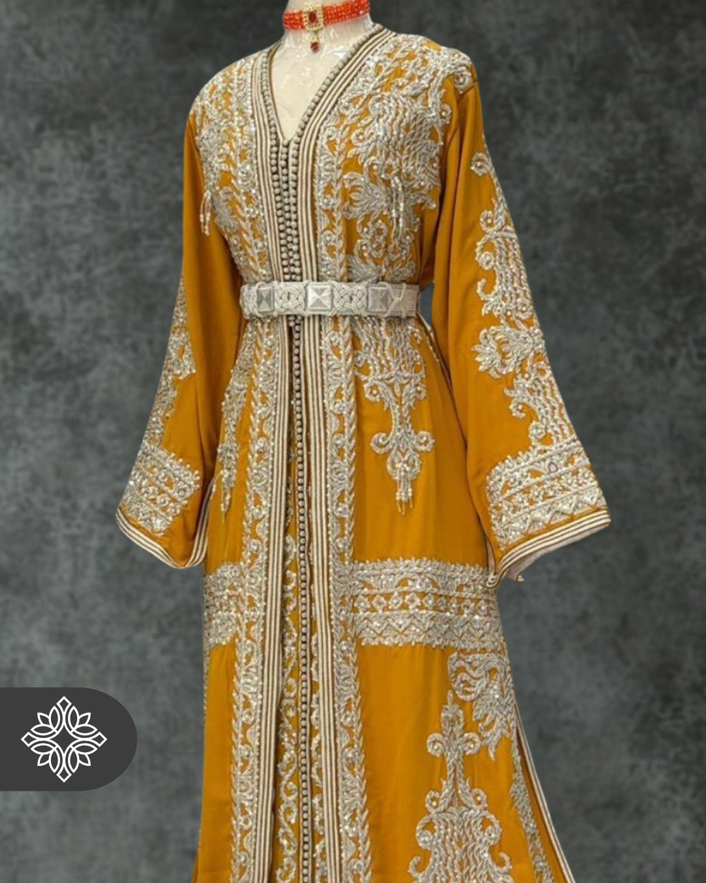 Imperial Yellow Moroccan Takchita | Luxury Two-Piece Kaftan | Silver Royal Hand Embroidery