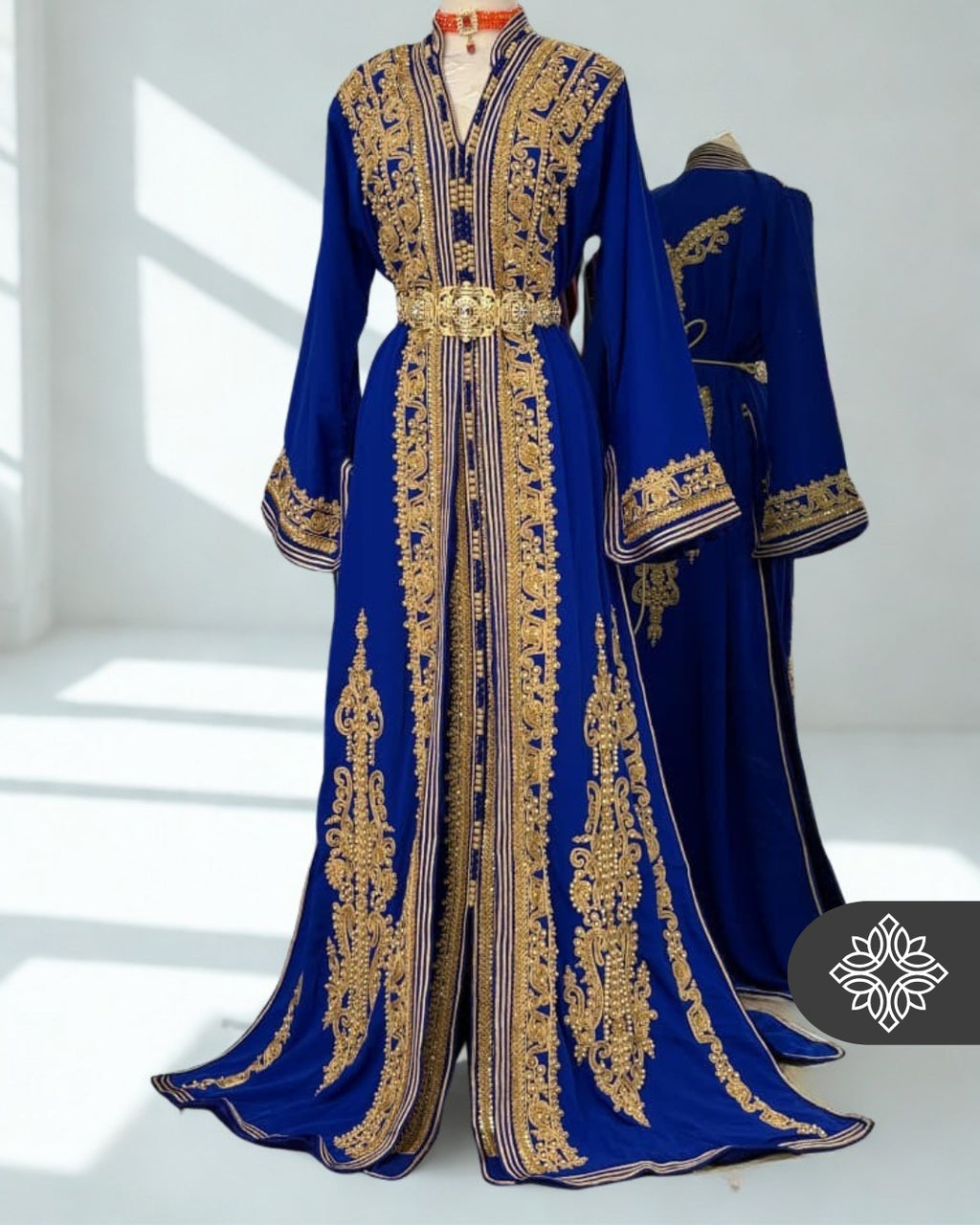 Imperial Royal Blue Moroccan Takchita | Luxury Two-Piece Kaftan | Golden Hand Embroidery