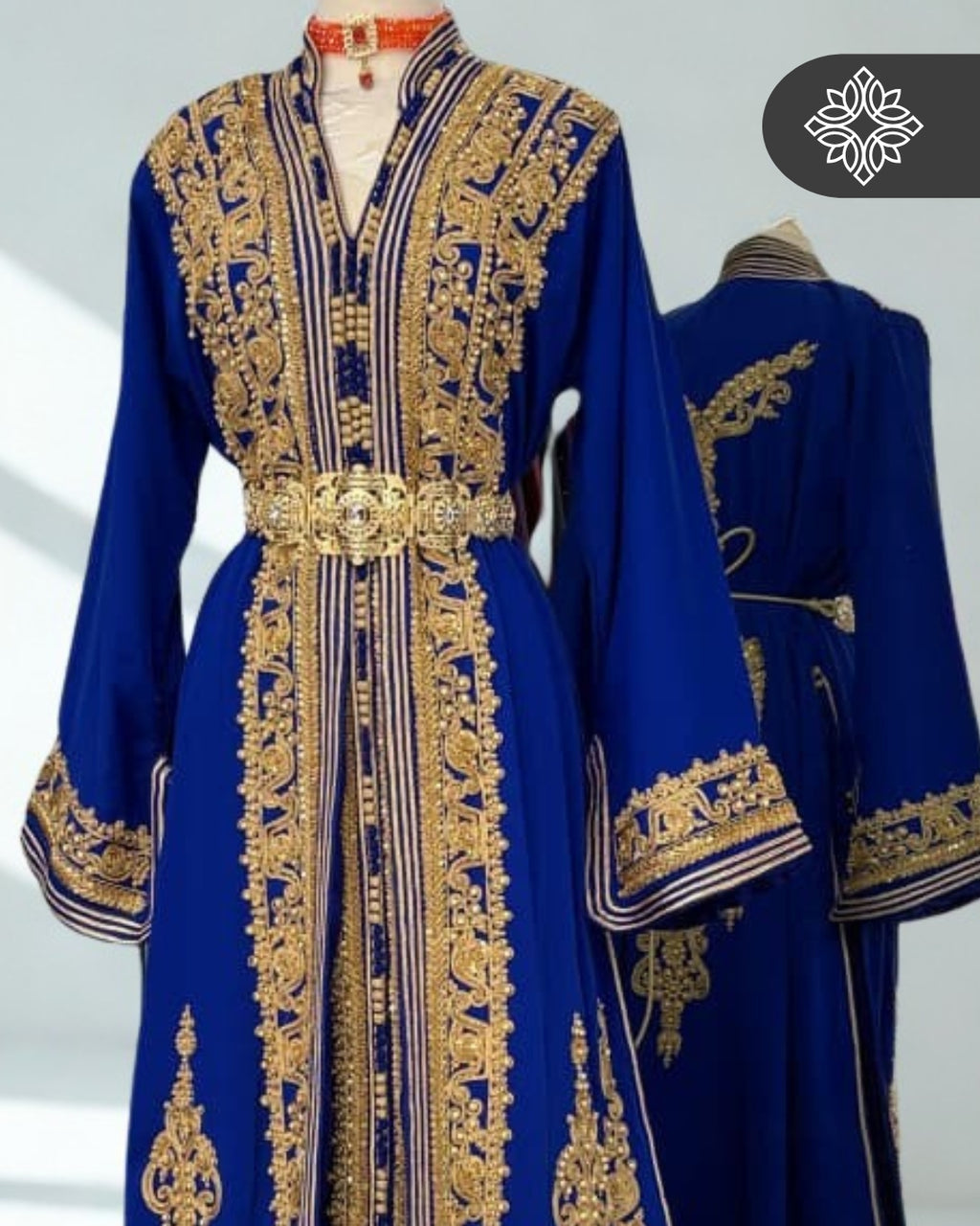 Imperial Royal Blue Moroccan Takchita | Luxury Two-Piece Kaftan | Golden Hand Embroidery