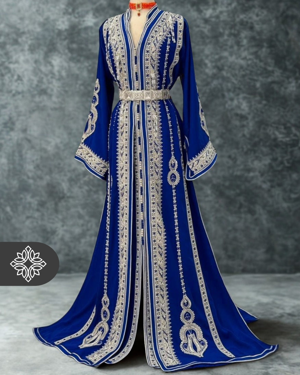 Imperial Royal Blue Moroccan Takchita | Luxury Two-Piece Kaftan | Silver Hand Embroidery