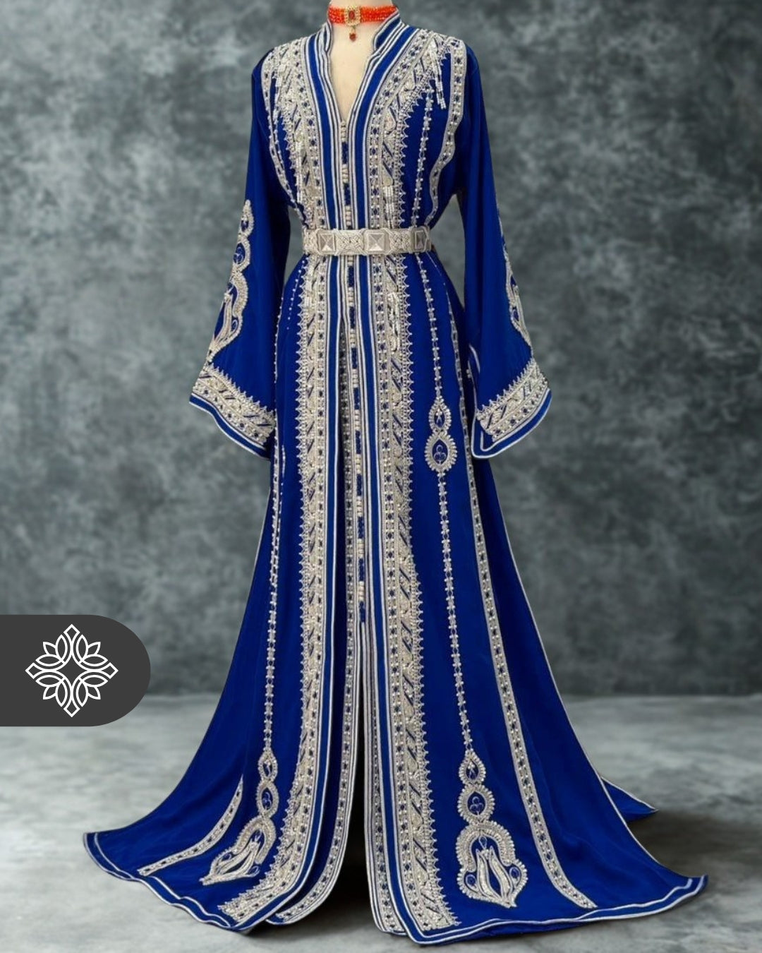 Imperial Royal Blue Moroccan Takchita | Luxury Two-Piece Kaftan | Silver Hand Embroidery