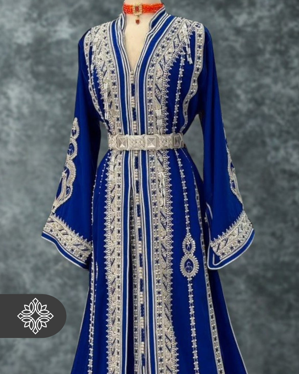 Imperial Royal Blue Moroccan Takchita | Luxury Two-Piece Kaftan | Silver Hand Embroidery