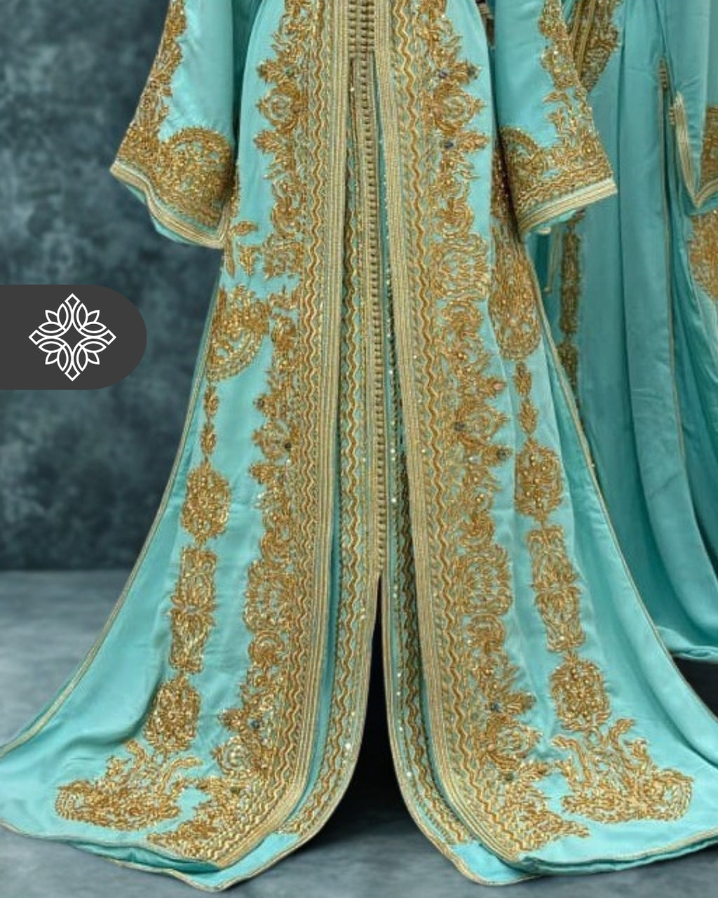 Imperial Turquoise Moroccan Two-Piece Kaftan | Luxury Takchita | Golden Hand Embroidery