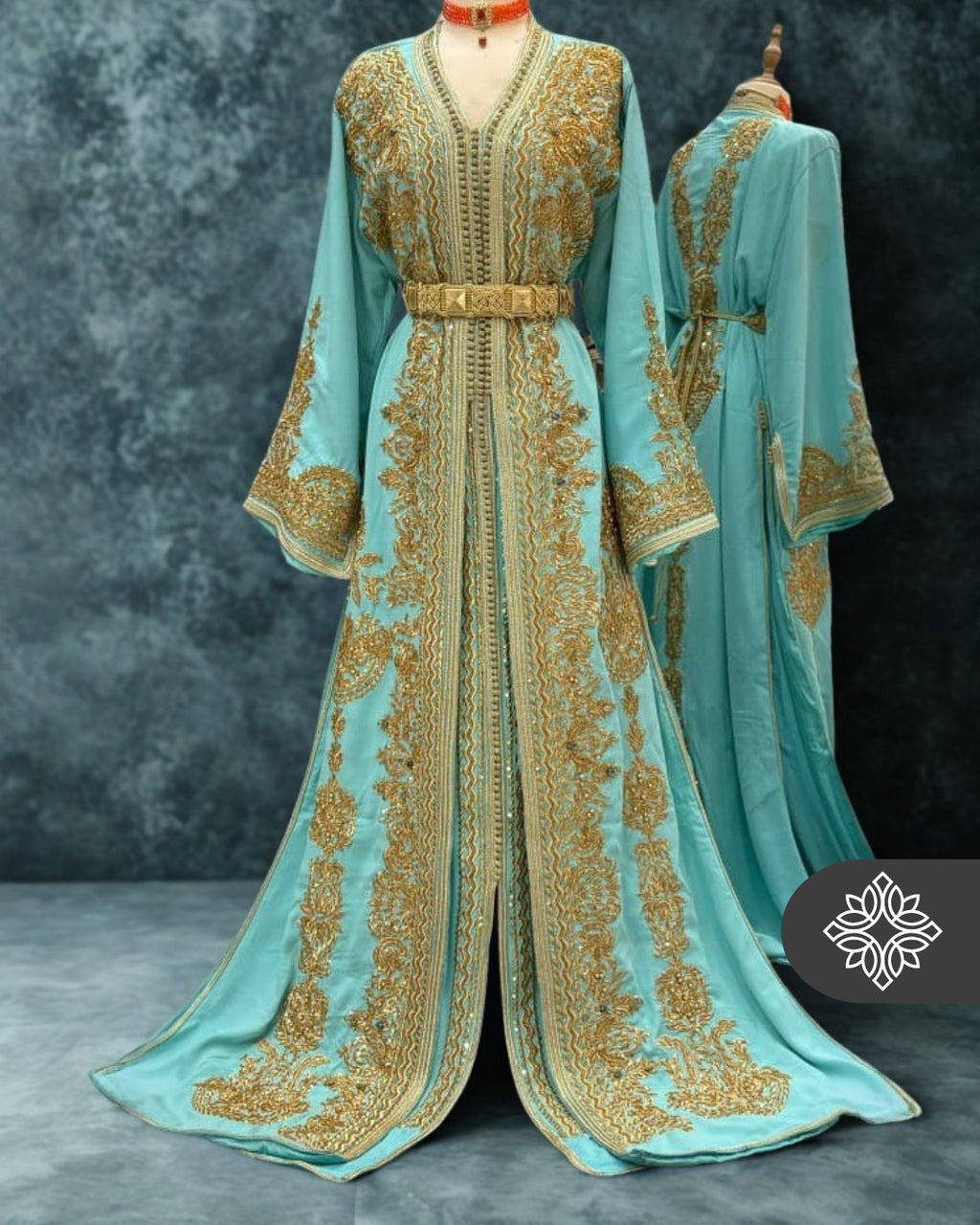 Imperial Turquoise Moroccan Two-Piece Kaftan | Luxury Takchita | Golden Hand Embroidery