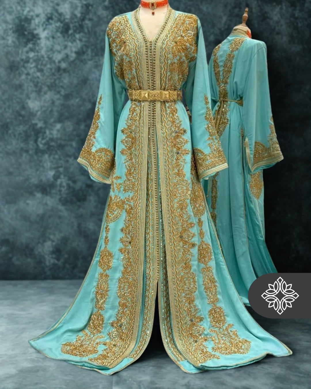 Imperial Turquoise Moroccan Two-Piece Kaftan | Luxury Takchita | Golden Hand Embroidery