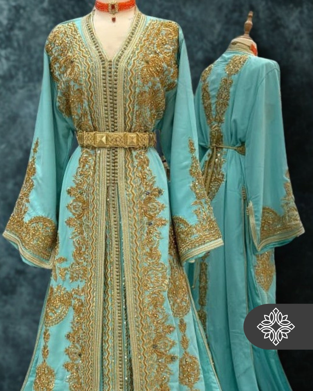 Imperial Turquoise Moroccan Two-Piece Kaftan | Luxury Takchita | Golden Hand Embroidery