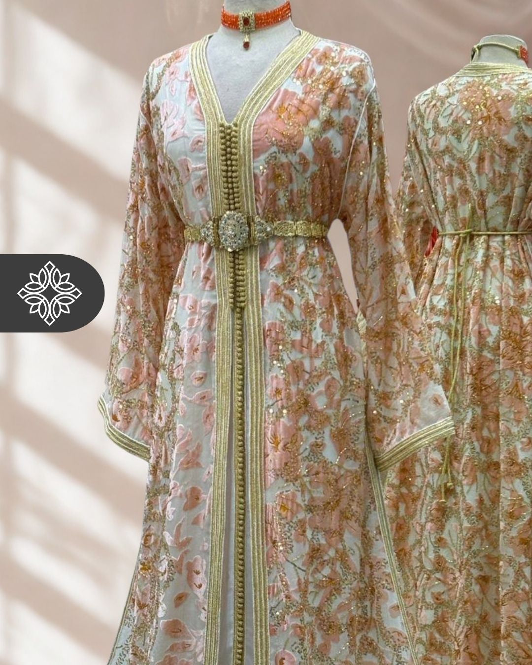 Ivory Peach Floral Two-Piece Kaftan | Gold Lattice Embroidery | Moroccan Takchita