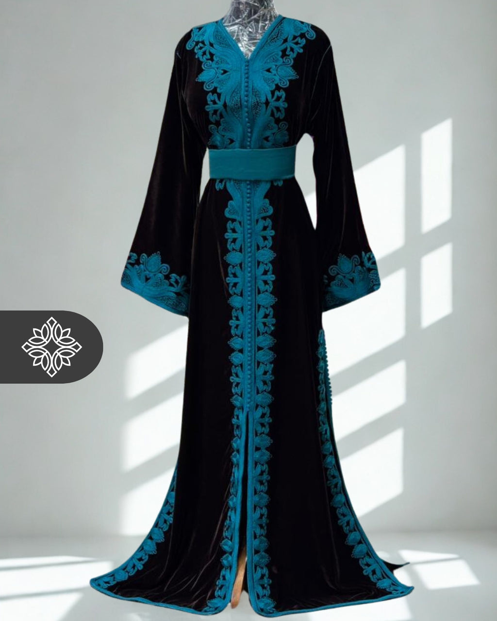 Kaftan Black Velvet with Turquoise Blue Embroidery One Piece Caftan | Caftan Dress