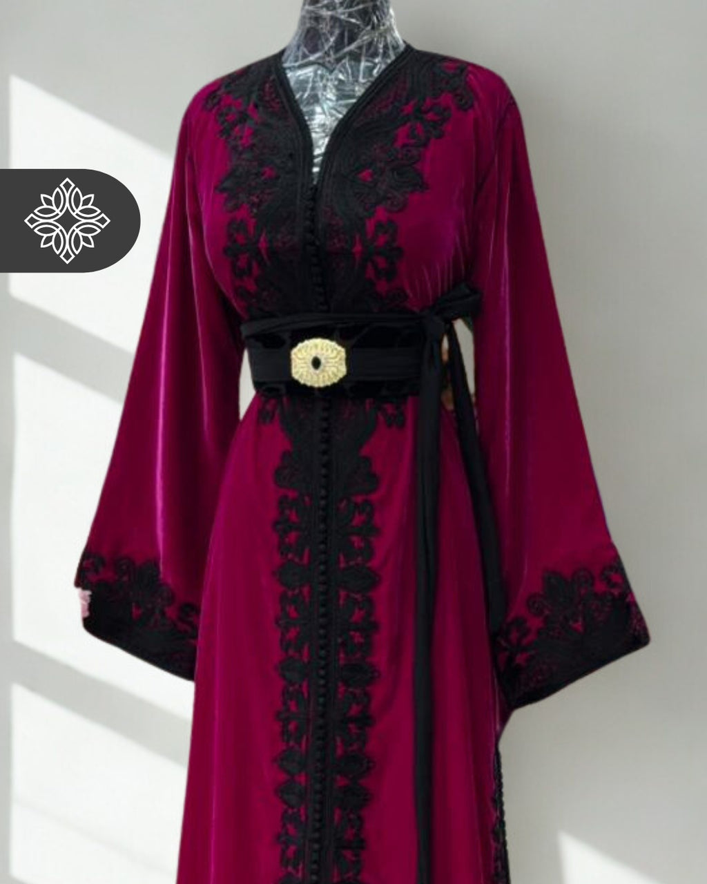 Kaftan Fuchsia Velvet with Black Embroidery One Piece Caftan | Caftan Dress
