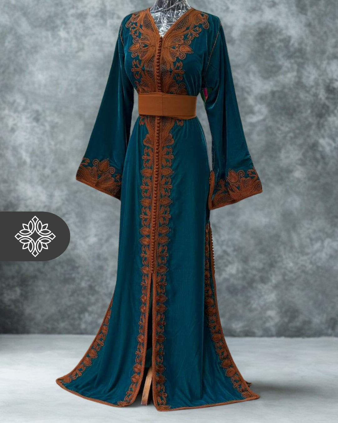 Kaftan Black Velvet with Turquoise Blue Embroidery One Piece Caftan |   The.moroccan.caftan