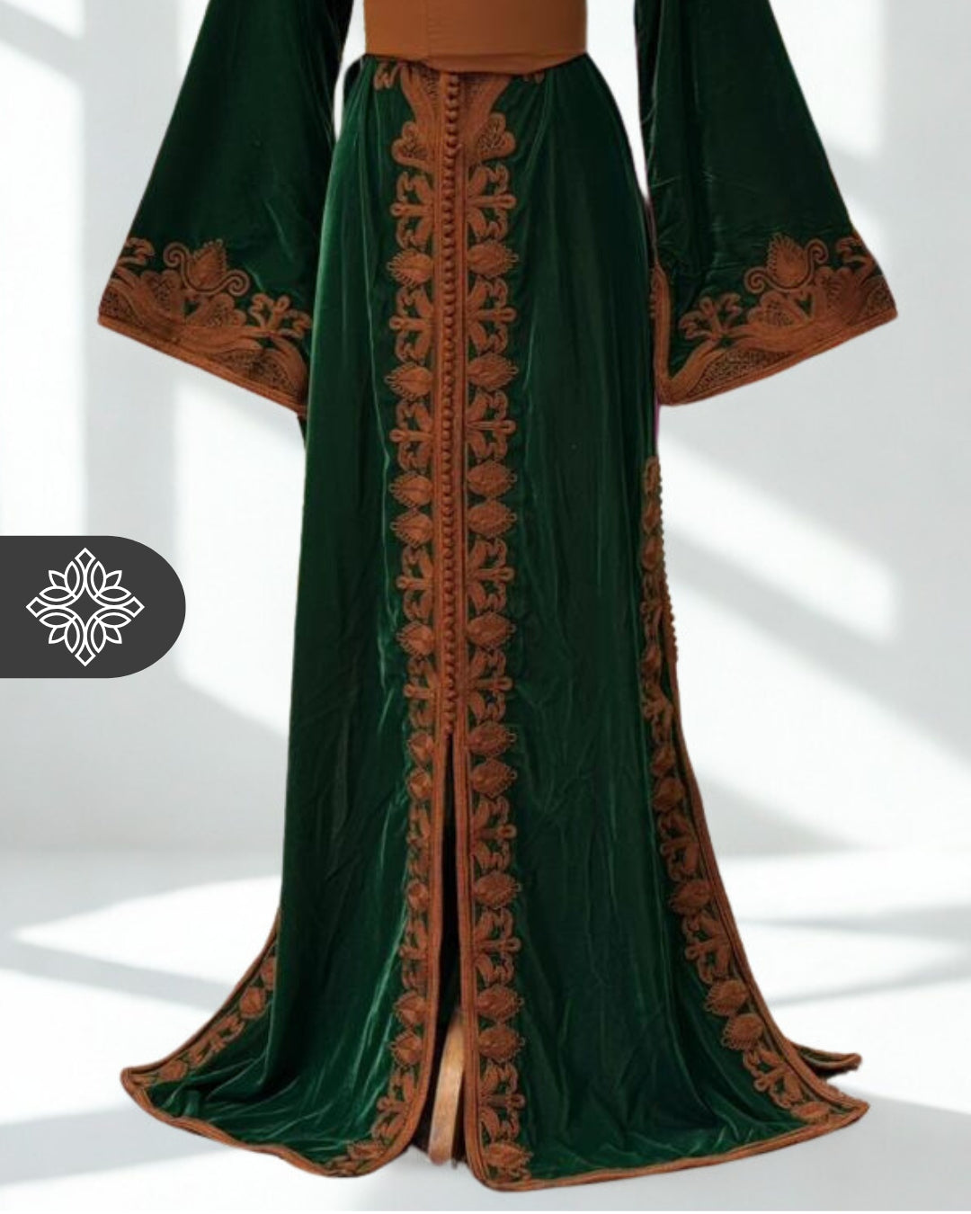Kaftan Royal Green Velvet with Brown Embroidery One Piece Caftan | Caf The.moroccan.caftan Kaftan Royal Green Velvet with Brown Embroidery One Piece Caftan | Caf The.moroccan.caftan