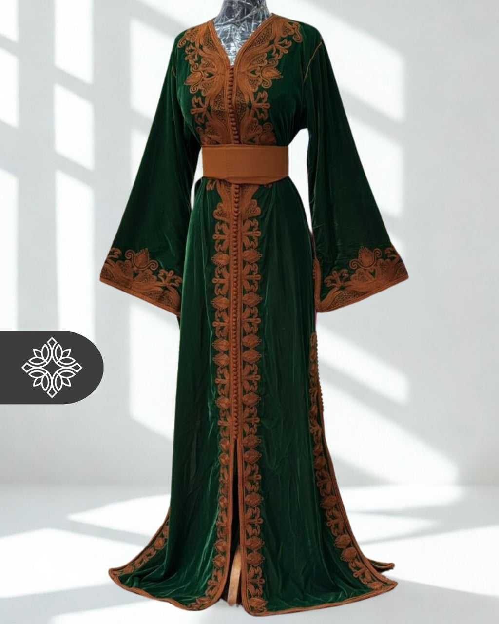 Kaftan Royal Green Velvet with Brown Embroidery One Piece Caftan | Caftan Dress