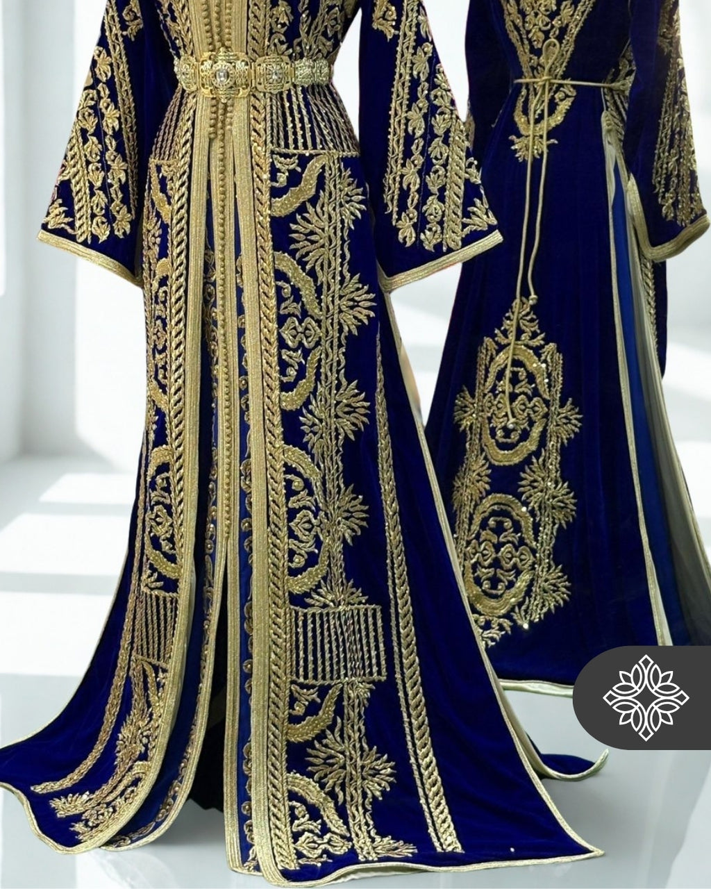 Kaftan | Takchita Navy Royal Blue Velvet with Golden Embroidery | Caftan Dress