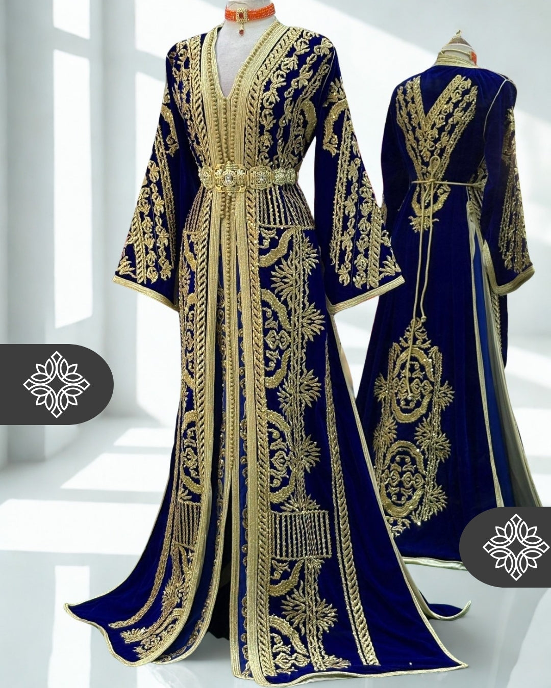 Kaftan | Takchita Navy Royal Blue Velvet with Golden Embroidery | Caftan Dress
