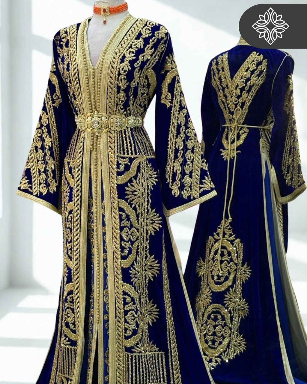 Kaftan | Takchita Navy Royal Blue Velvet with Golden Embroidery | Caftan Dress
