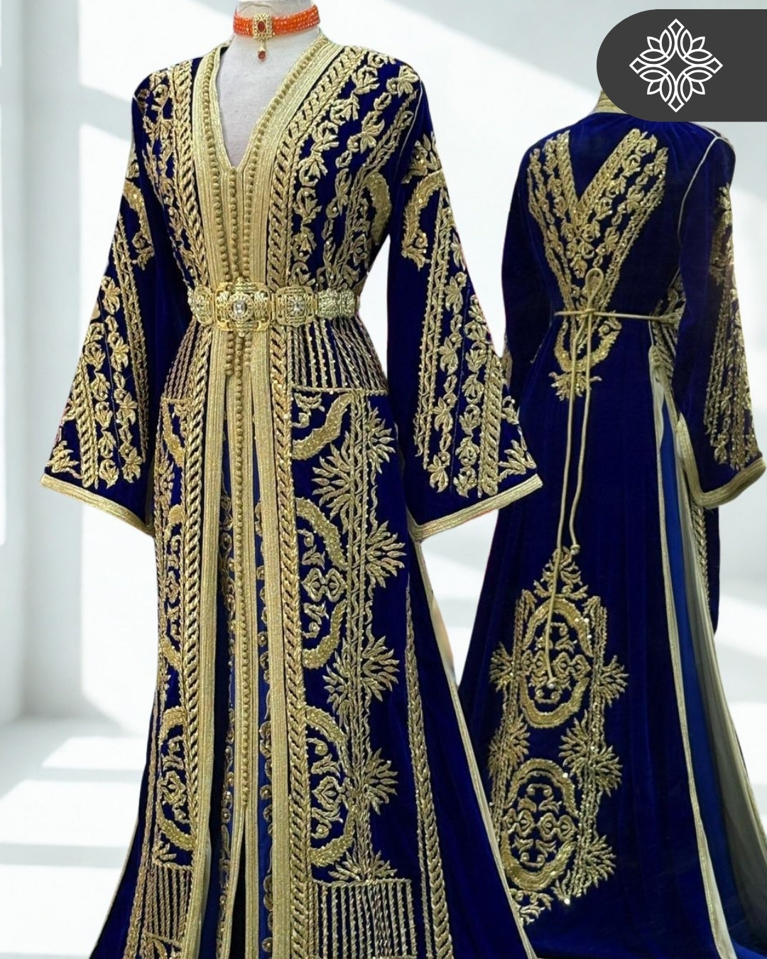Kaftan | Takchita Navy Royal Blue Velvet with Golden Embroidery | Caftan Dress