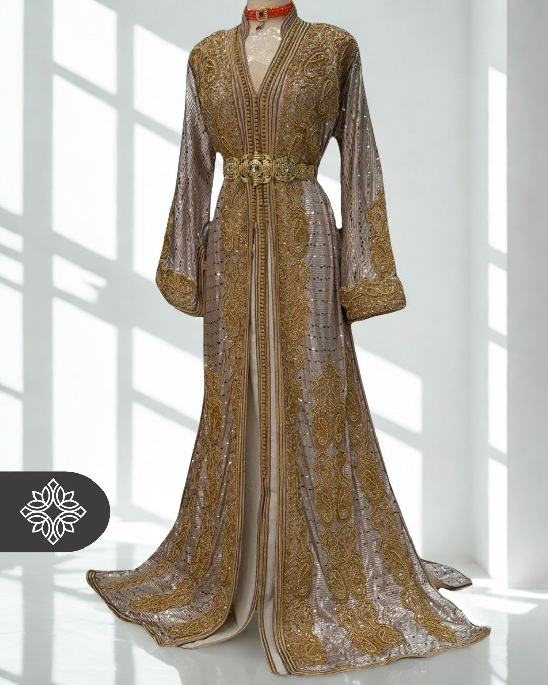 Lavender Beige Moroccan Takchita | Exclusive Two-Piece Kaftan | Brocade Couture
