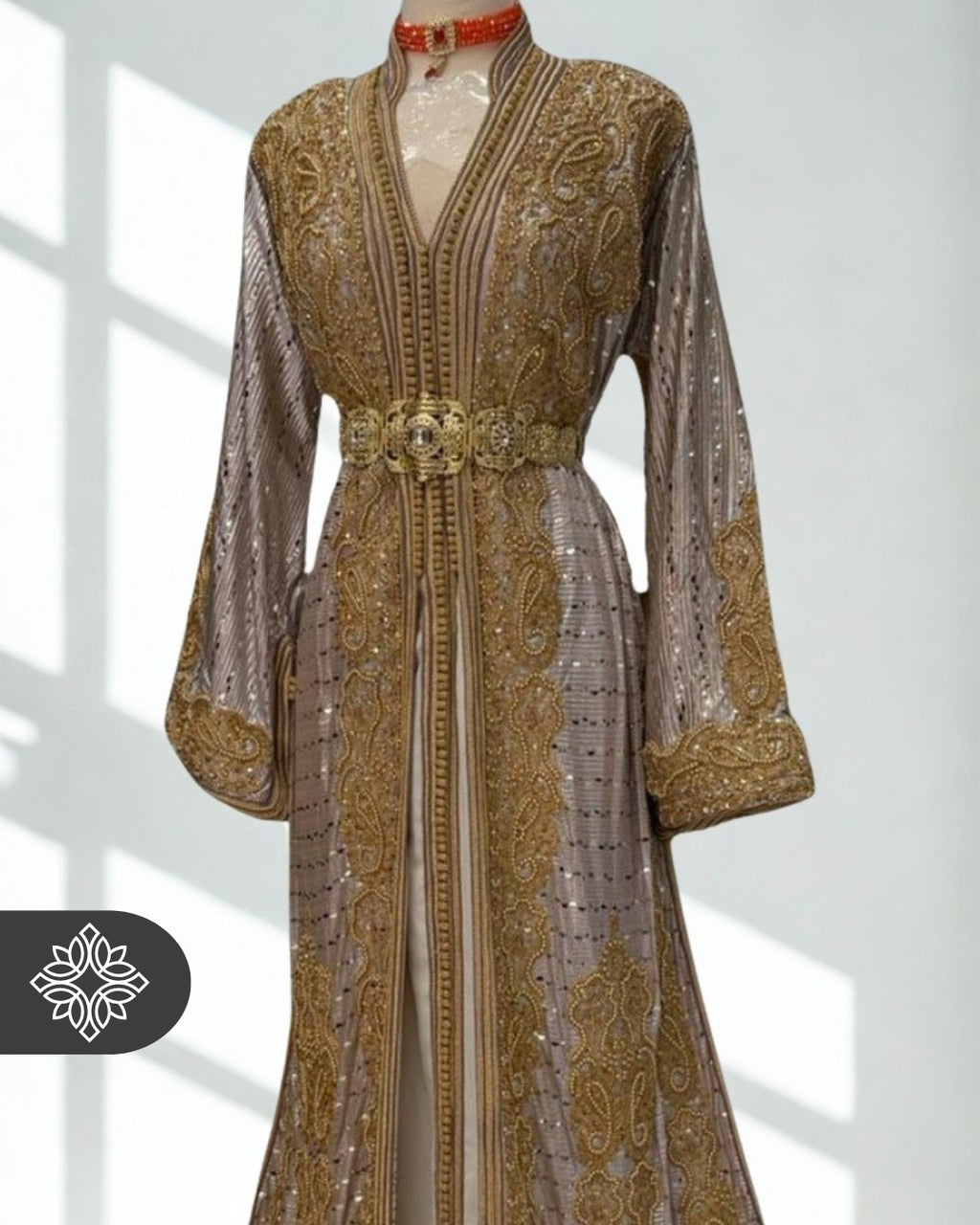 Silver Noir Moroccan Takchita | Luxury Two-Piece Kaftan | Brocade Couture