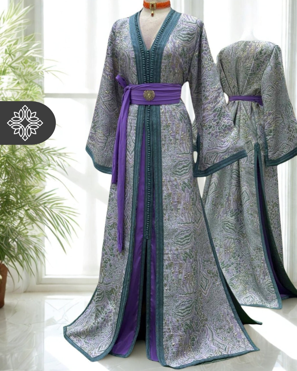 Lavender Jade Moroccan Two-Piece Kaftan | Artisanal Sequin Embroidery