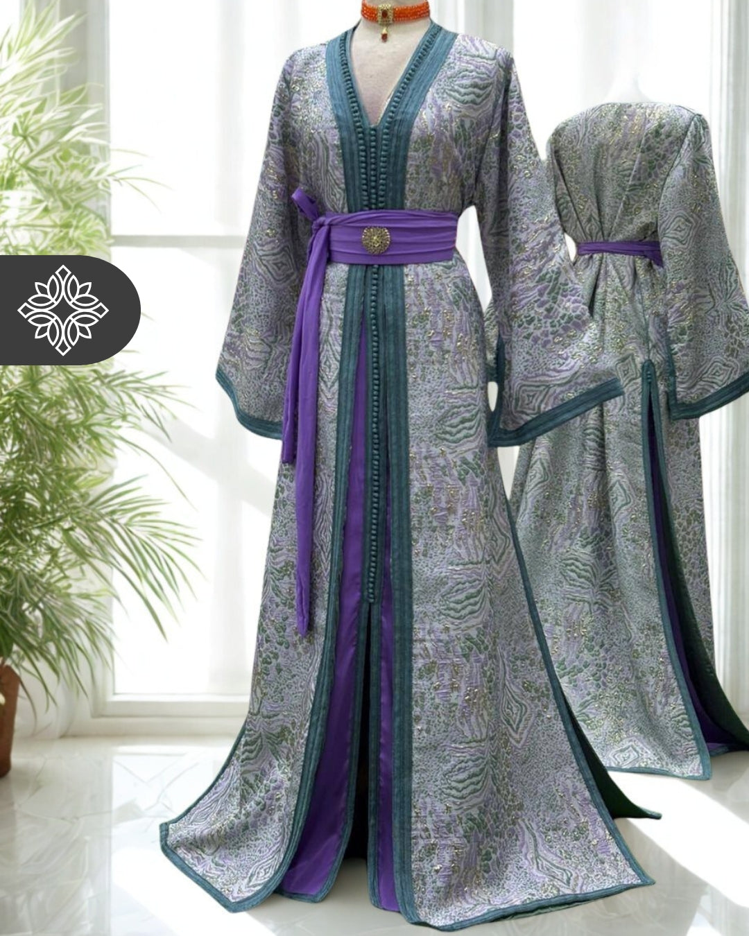 Lavender Jade Moroccan Two-Piece Kaftan | Artisanal Sequin Embroidery