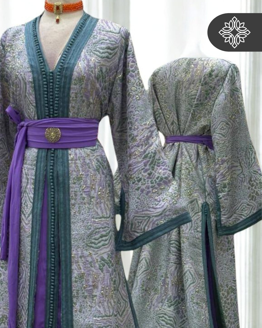 Lavender Jade Moroccan Two-Piece Kaftan | Artisanal Sequin Embroidery