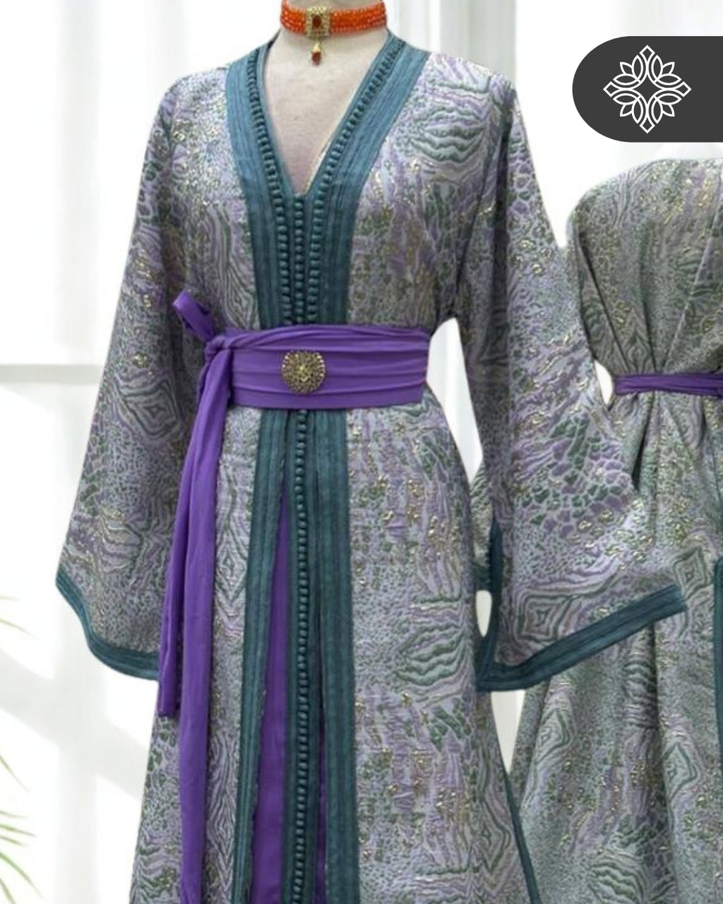 Lavender Jade Moroccan Two-Piece Kaftan | Artisanal Sequin Embroidery
